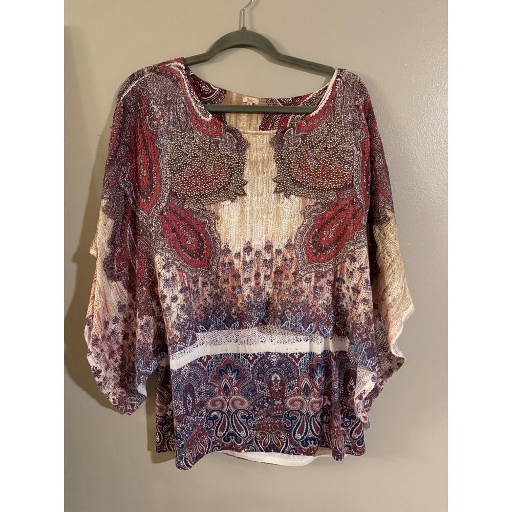 Reba Womens XL Paisley Studded Dolman Sleeve Blouse Boho Crochet Knit Top